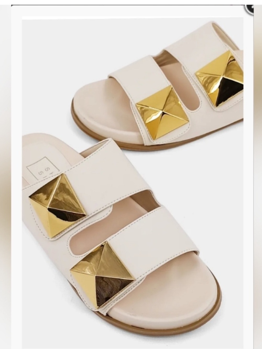 SHUSHOP BERNADA Cream Wide Slide Oversized Gold Accent Sandals 8 NWT